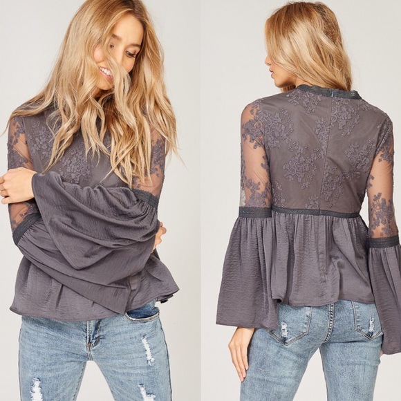 CHARLOTTE Embroidered Lace Top - CHARCOAL - Picture 2 of 4